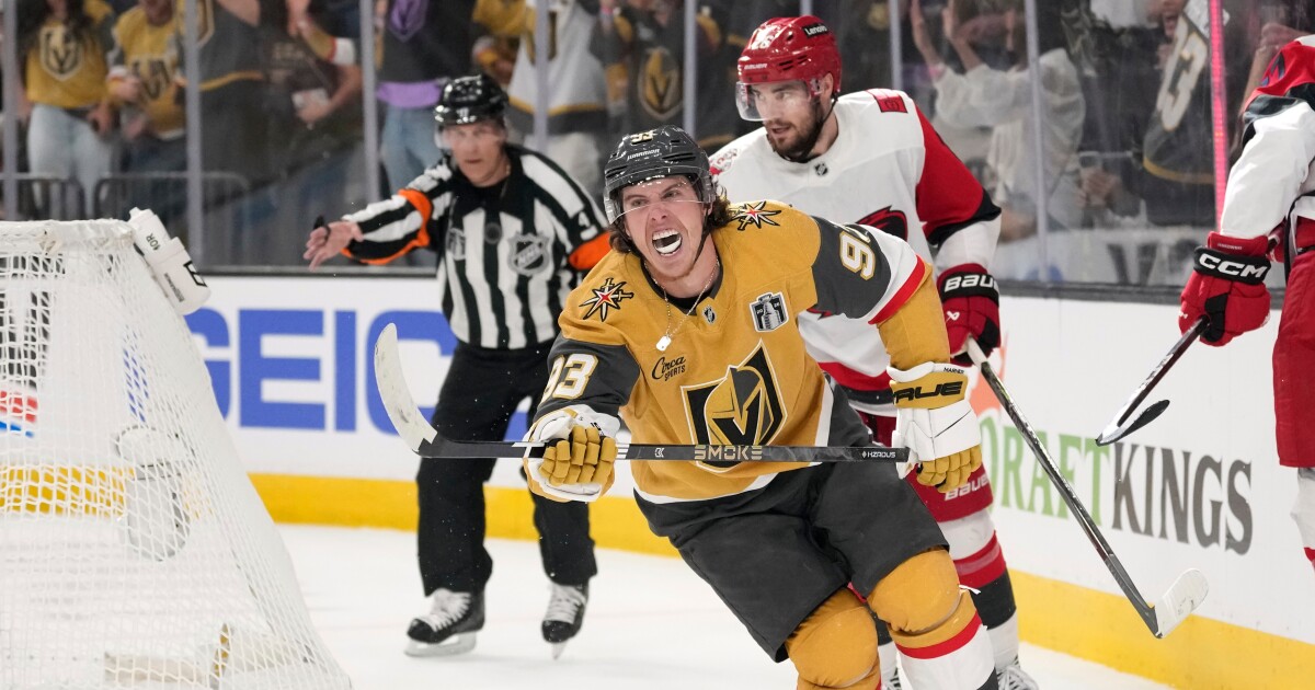 Mitch Marner celebrates his second goal during the second period of Game 3 of the 2026 Stanley Cup Final at T-Mobile Arena in Las Vegas