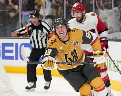Mitch Marner celebrates his second goal during the second period of Game 3 of the 2026 Stanley Cup Final at T-Mobile Arena in Las Vegas