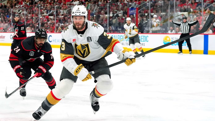 Brayden McNabb of Vegas Golden Knights leaves ice after taking puck to face in Game 2 of 2026 Stanley Cup Final