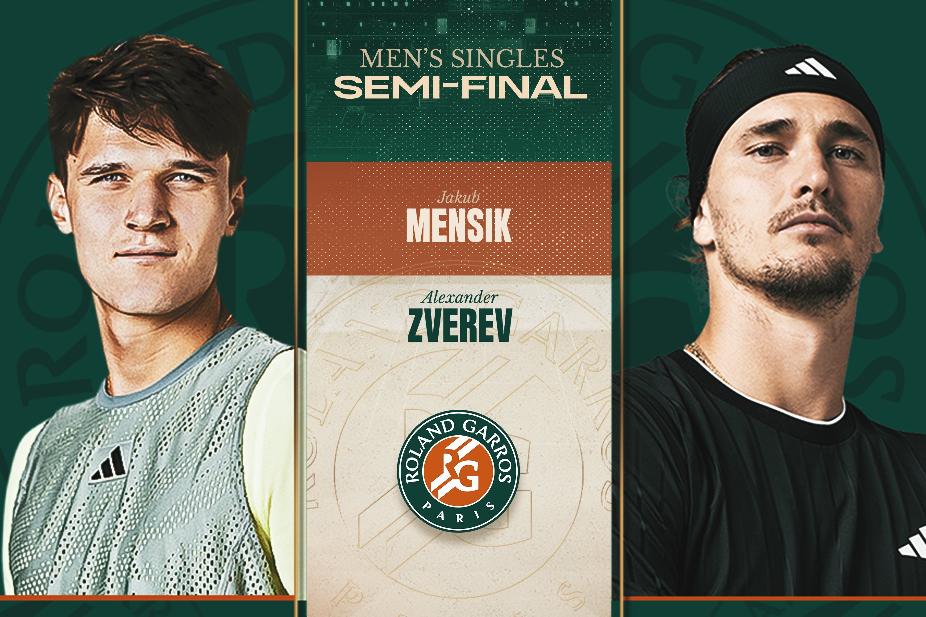 Jakub Mensik and Alexander Zverev face off in the French Open 2026 men's semifinal at Roland Garros