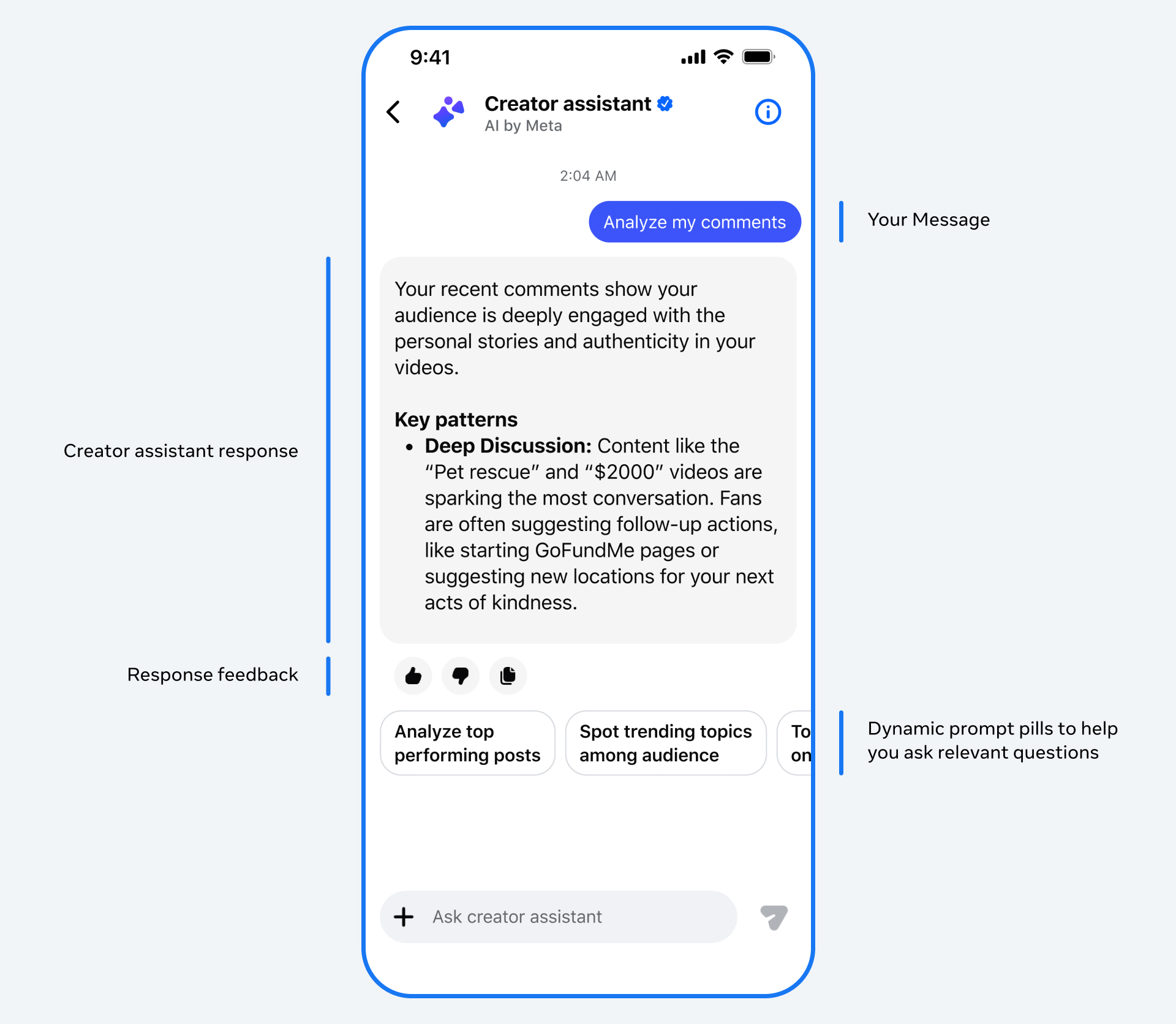 Meta Creator Assistant conversational AI interface inside Facebook creator dashboard