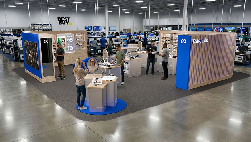 Meta Lab @ Best Buy interior showing AI glasses style wall and smart mirror display