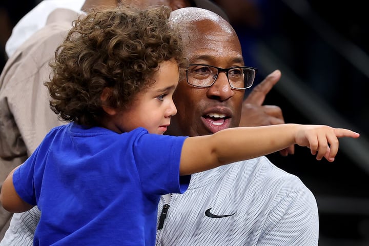 Mike Brown laughs and celebrates on the court after the New York Knicks win the 2026 NBA Championship at Frost Bank Center
