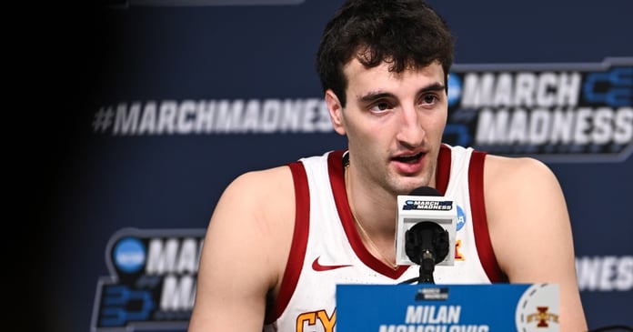 Milan Momcilovic speaks at the 2026 NCAA Tournament press conference before committing to the Kentucky Wildcats