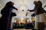 US President Donald Trump and Indian Prime Minister Narendra Modi shake hands at a joint press conference at the White House in Washington in February 2025