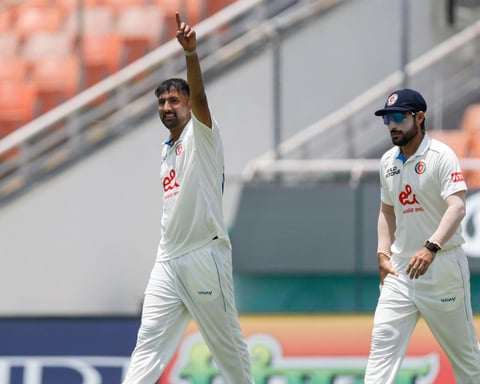 Mohammad Saleem Safi celebrating a wicket against India in the Mullanpur Test 2026