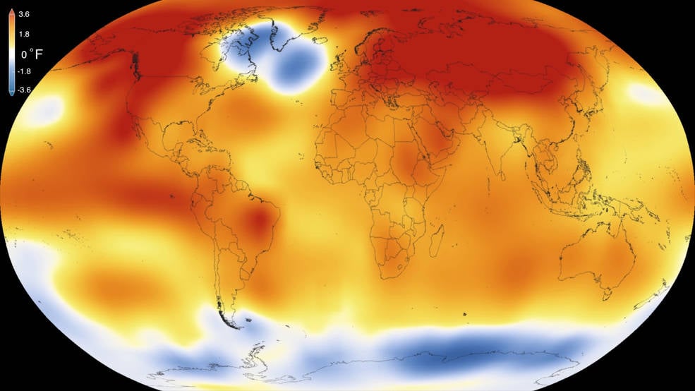 NASA GISS visualization of global surface temperature anomalies, showing warming concentrated across most of the planet relative to the mid-20th-century baseline