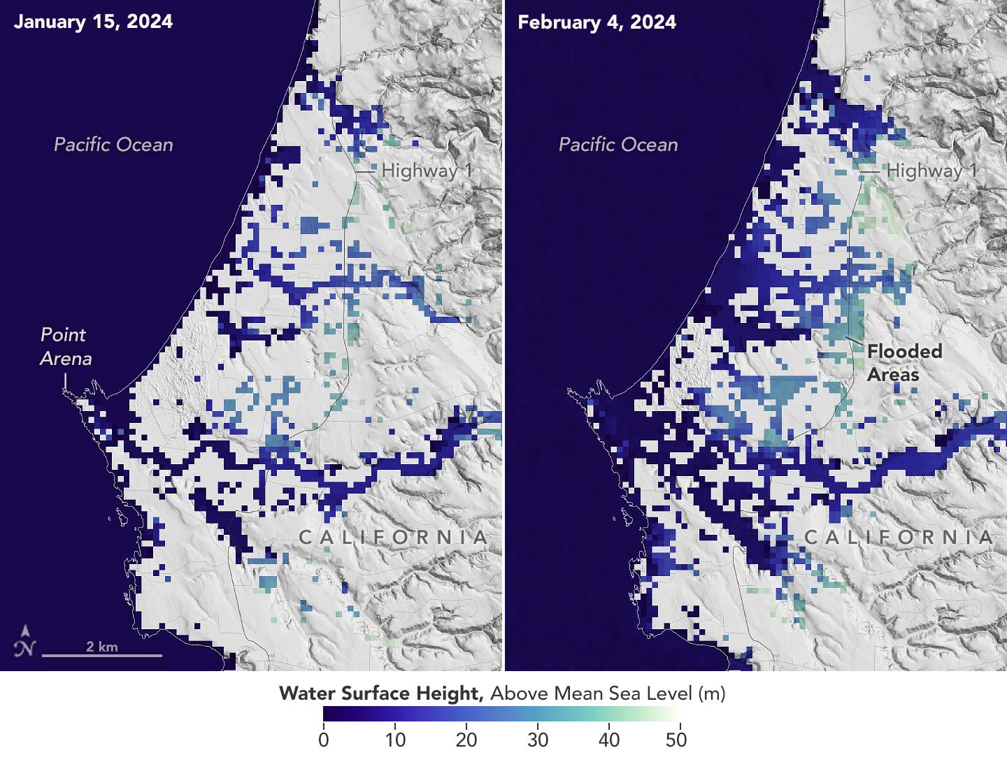 NASA SWOT satellite visualization showing water heights during coastal flooding near Manchester, California, after atmospheric river storms