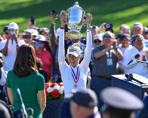Nelly Korda holds the US Women's Open trophy after winning the 2026 US Women's Open at Riviera Country Club