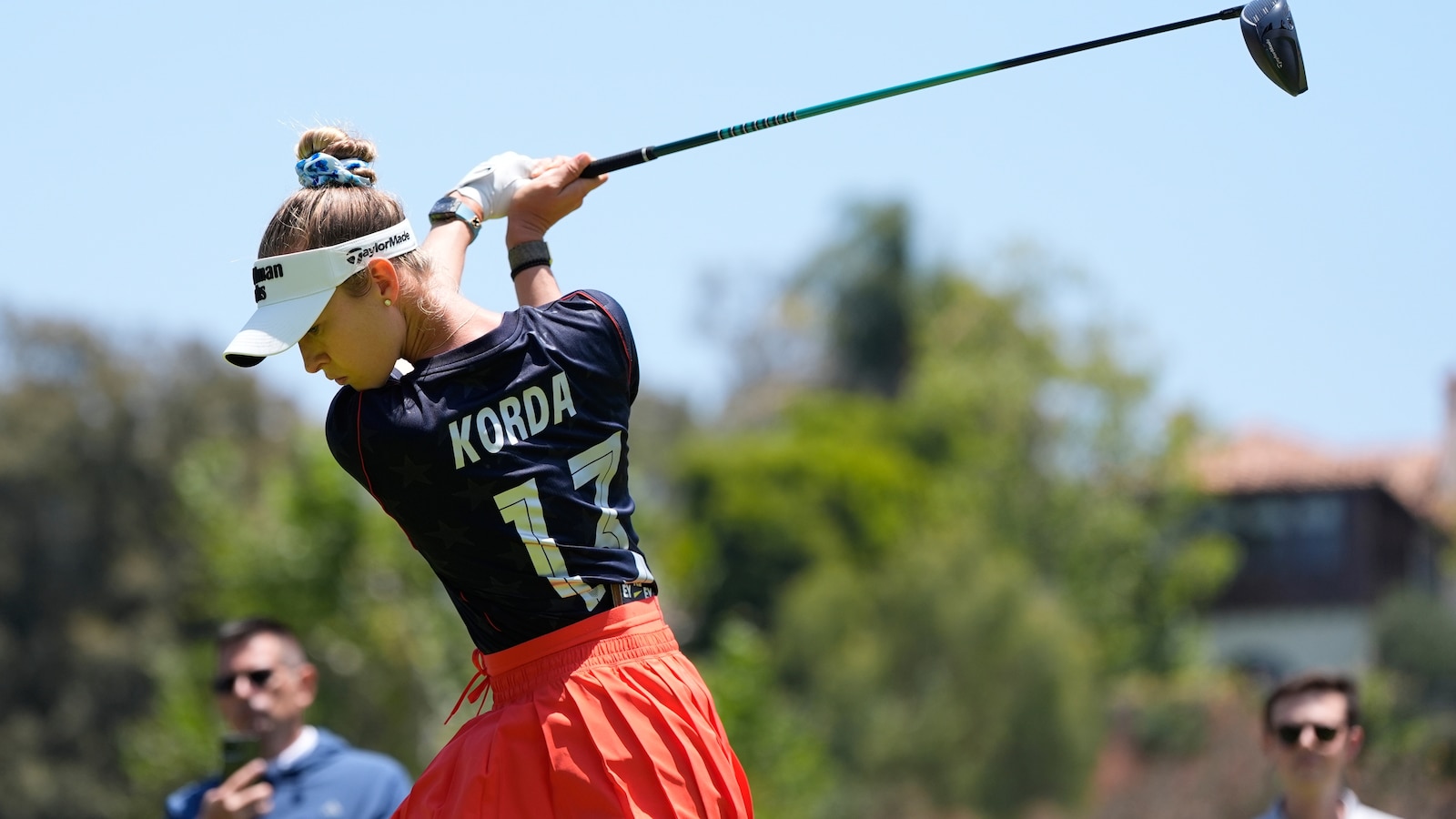 Nelly Korda hits from the second tee during a practice round ahead of the 2026 U.S. Women's Open at Riviera Country Club