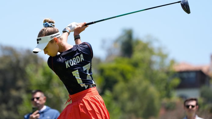 Nelly Korda hits from the second tee during a practice round ahead of the 2026 U.S. Women's Open at Riviera Country Club