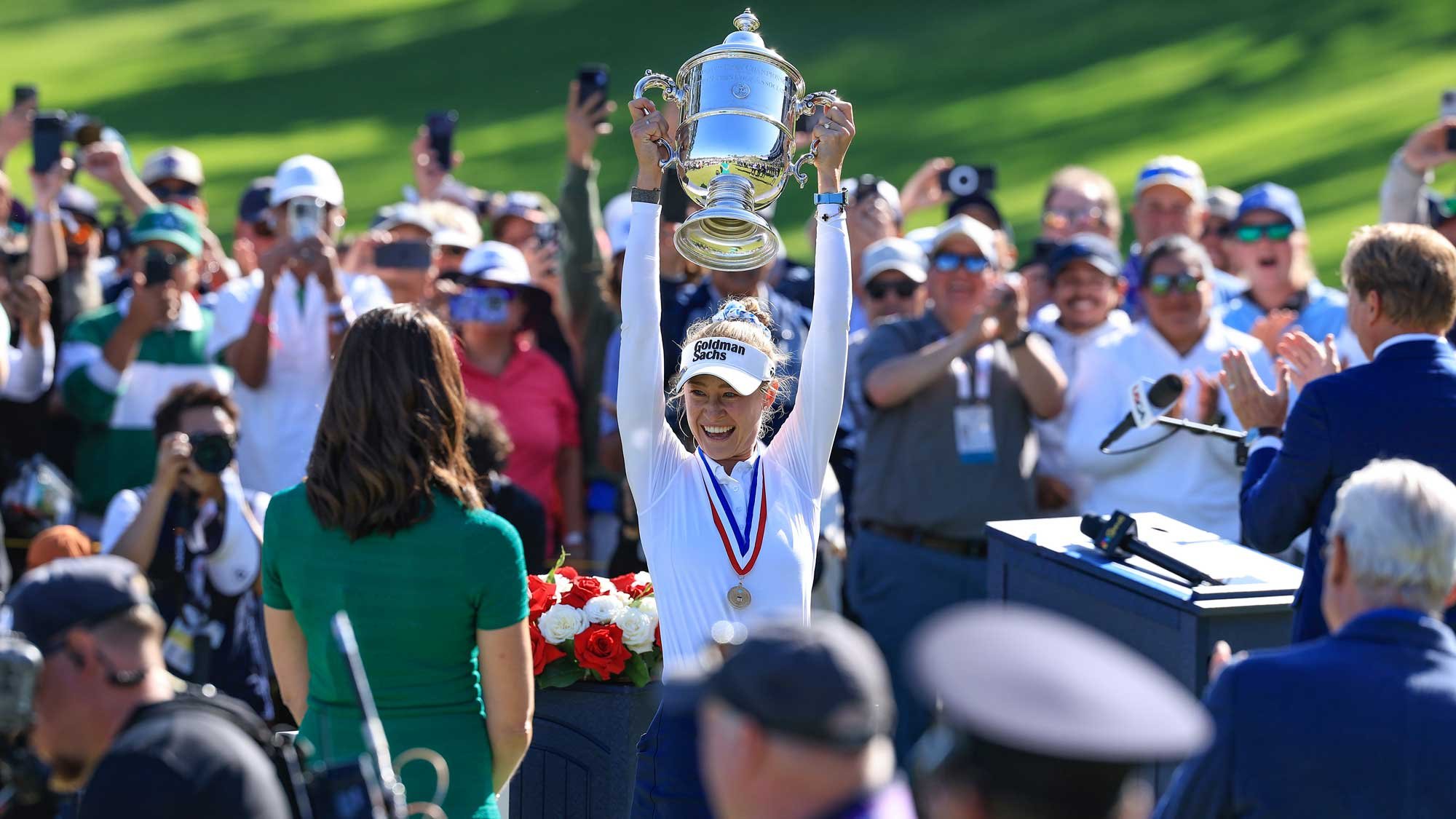 Nelly Korda reacts after winning the 2026 US Women's Open at Riviera Country Club in Pacific Palisades California