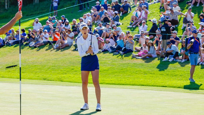Nelly Korda reacts after winning the 2026 US Women's Open at Riviera Country Club