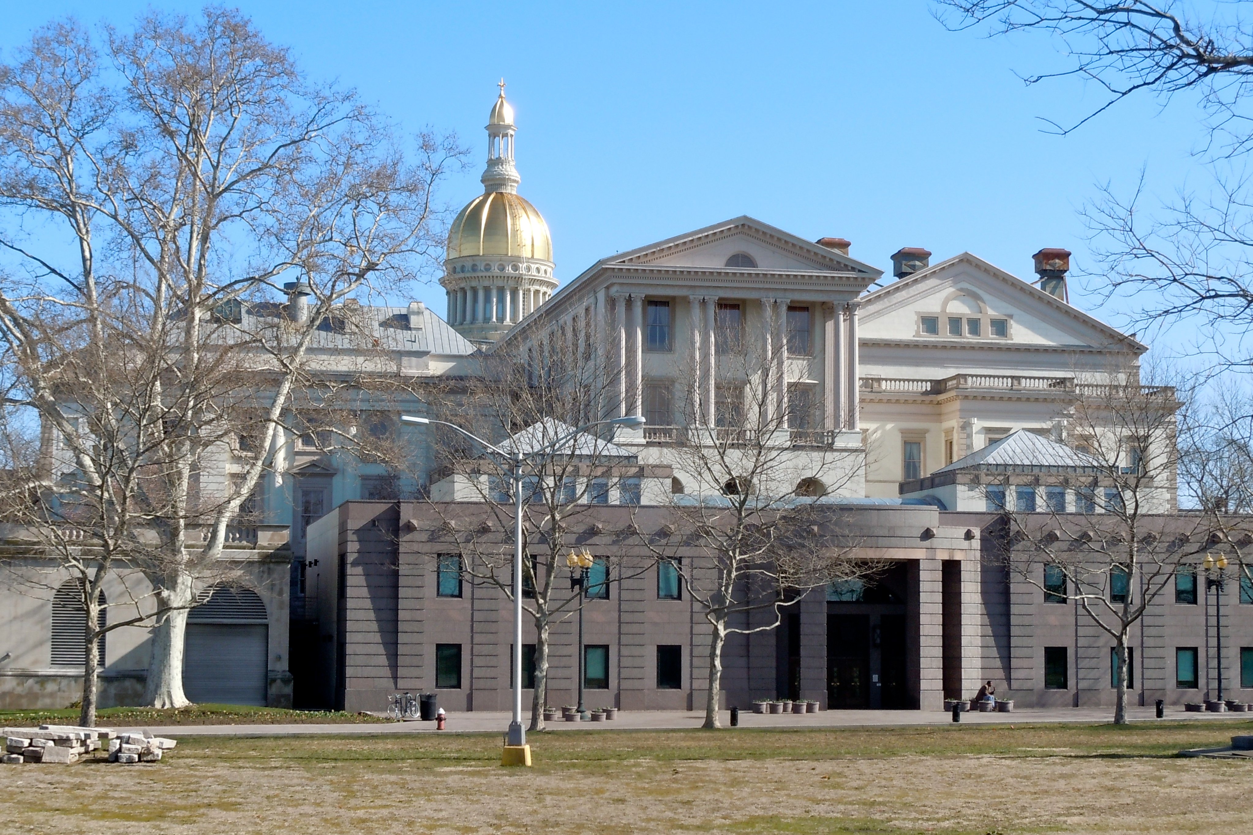 New Jersey State House exterior in Trenton where the attorney general announced the Lucchese gambling ring guilty pleas