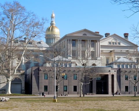 New Jersey State House exterior in Trenton where the attorney general announced the Lucchese gambling ring guilty pleas