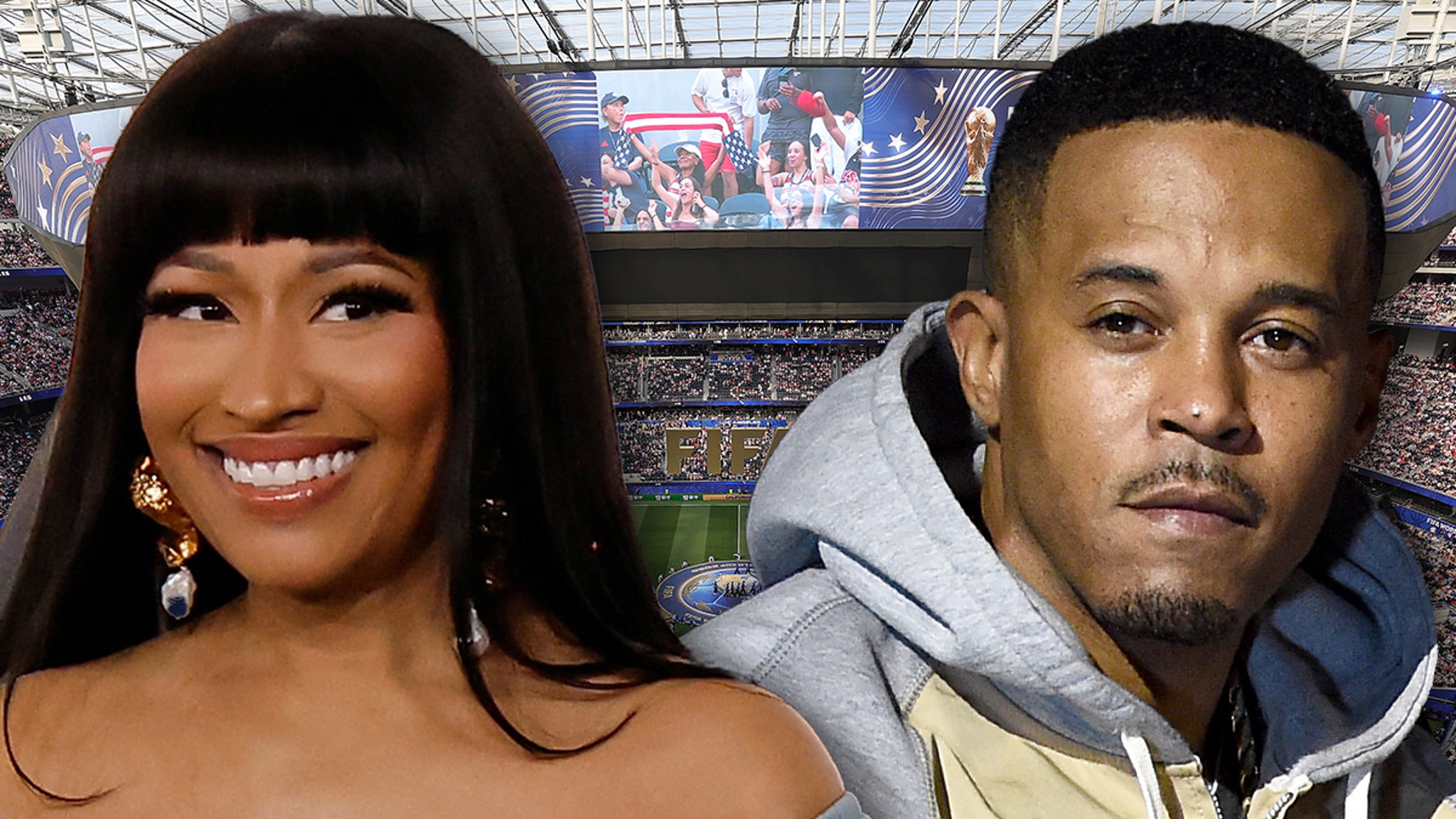 Nicki Minaj attends the Brazil vs Morocco FIFA World Cup 2026 group stage match at MetLife Stadium with husband Kenneth Petty and son Papa Bear