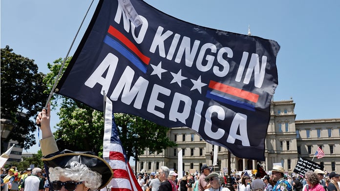 Demonstrators at a No Kings protest rally against Donald Trump