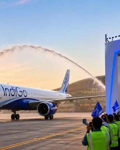 An IndiGo aircraft at the inaugural commercial flight at Noida International Airport Jewar on June 15 2026