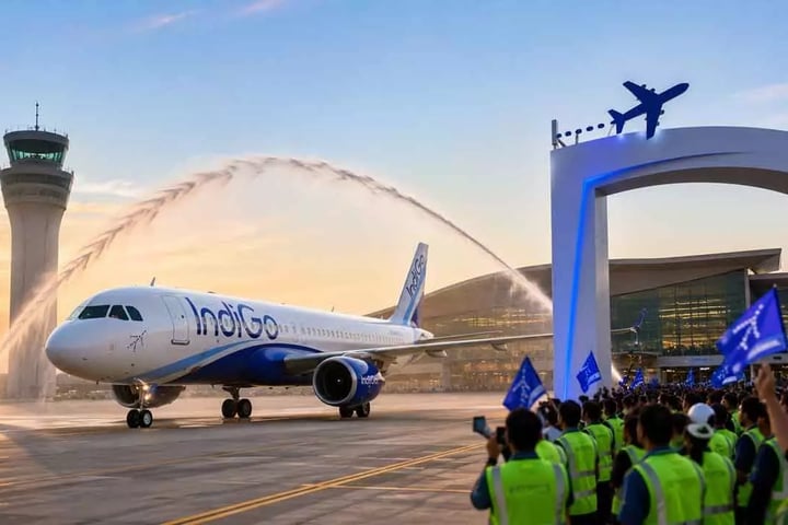 An IndiGo aircraft at the inaugural commercial flight at Noida International Airport Jewar on June 15 2026