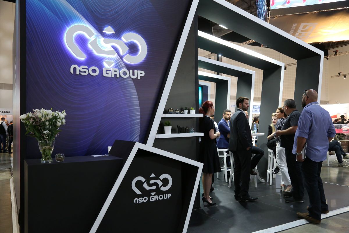 An NSO Group display stand at a defence and security expo in Israel