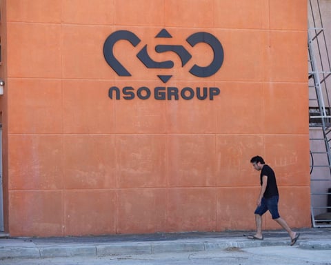 The NSO Group logo on a wall at a company branch in Israel