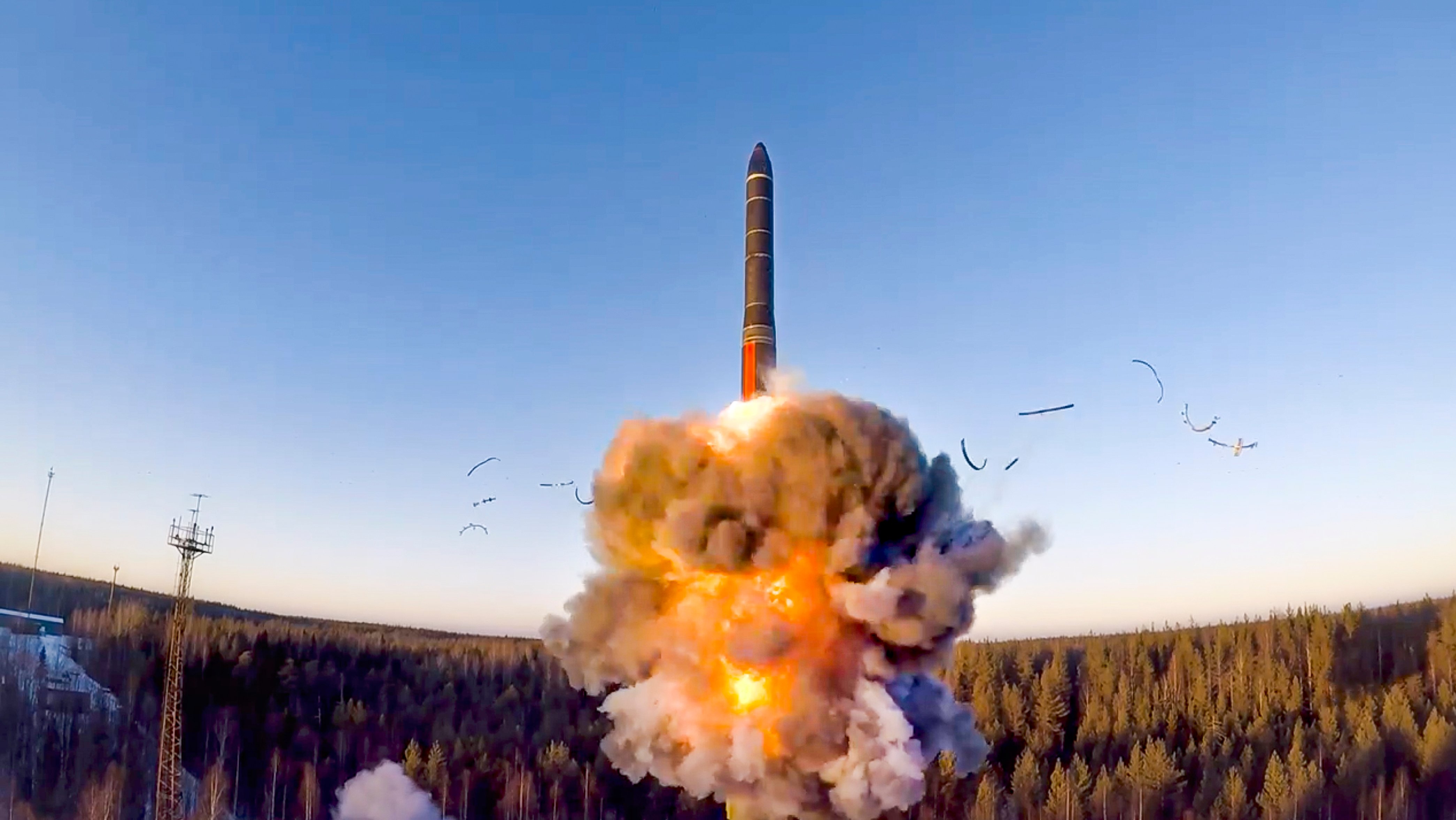 A ballistic missile lifts off during a test launch as global nuclear weapons spending hits a record high