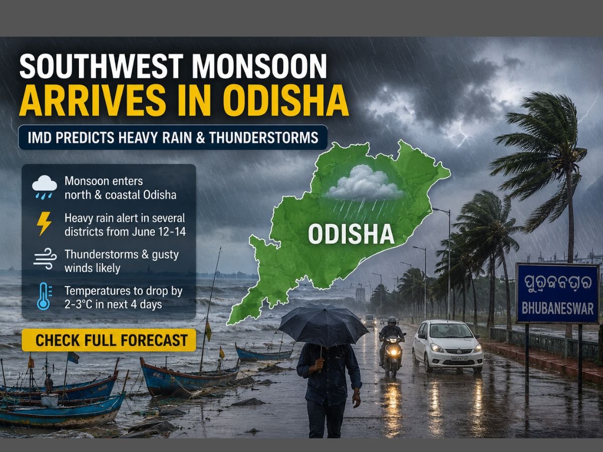 Heavy monsoon rain over Odisha as the southwest monsoon enters the state from its northern coast in June 2026