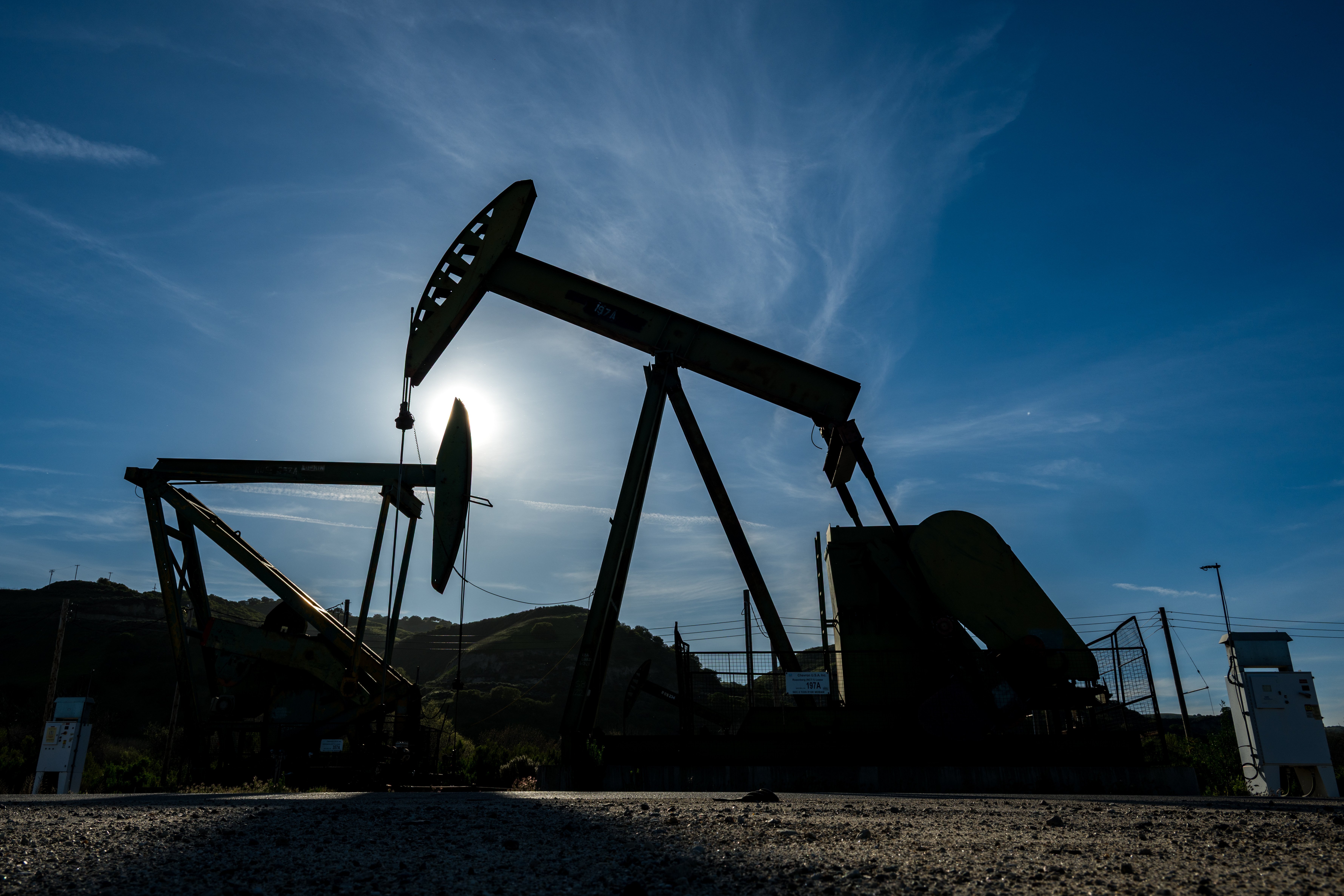 Pumpjacks at oil wells in the San Ardo oilfield in California