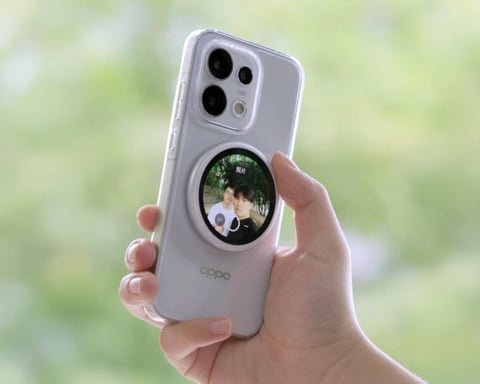 OPPO Bubble circular AMOLED display snapped magnetically to the back of a smartphone