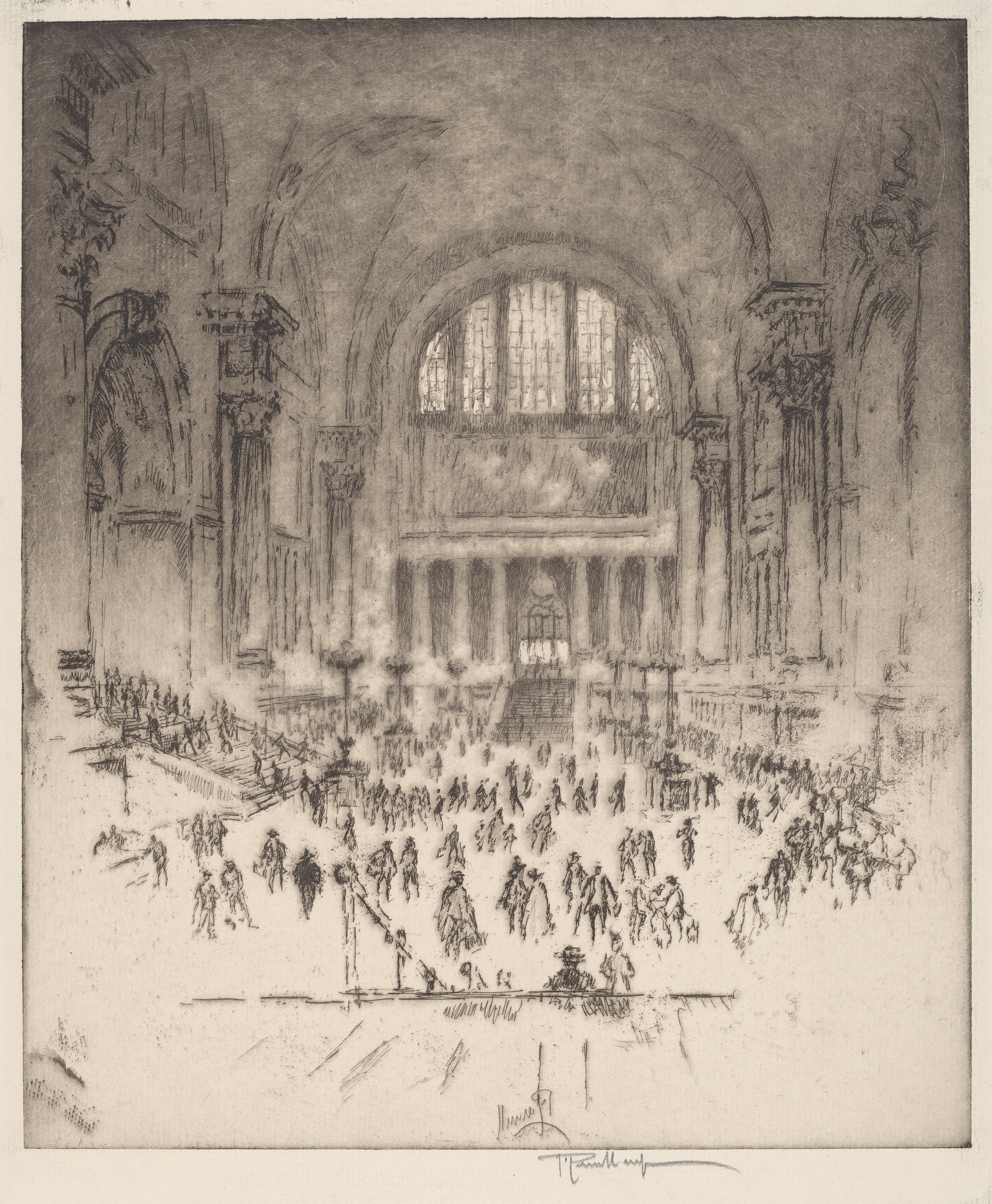Joseph Pennell's 1919 lithograph of the Marble Hall in the original Pennsylvania Station, demolished in 1963