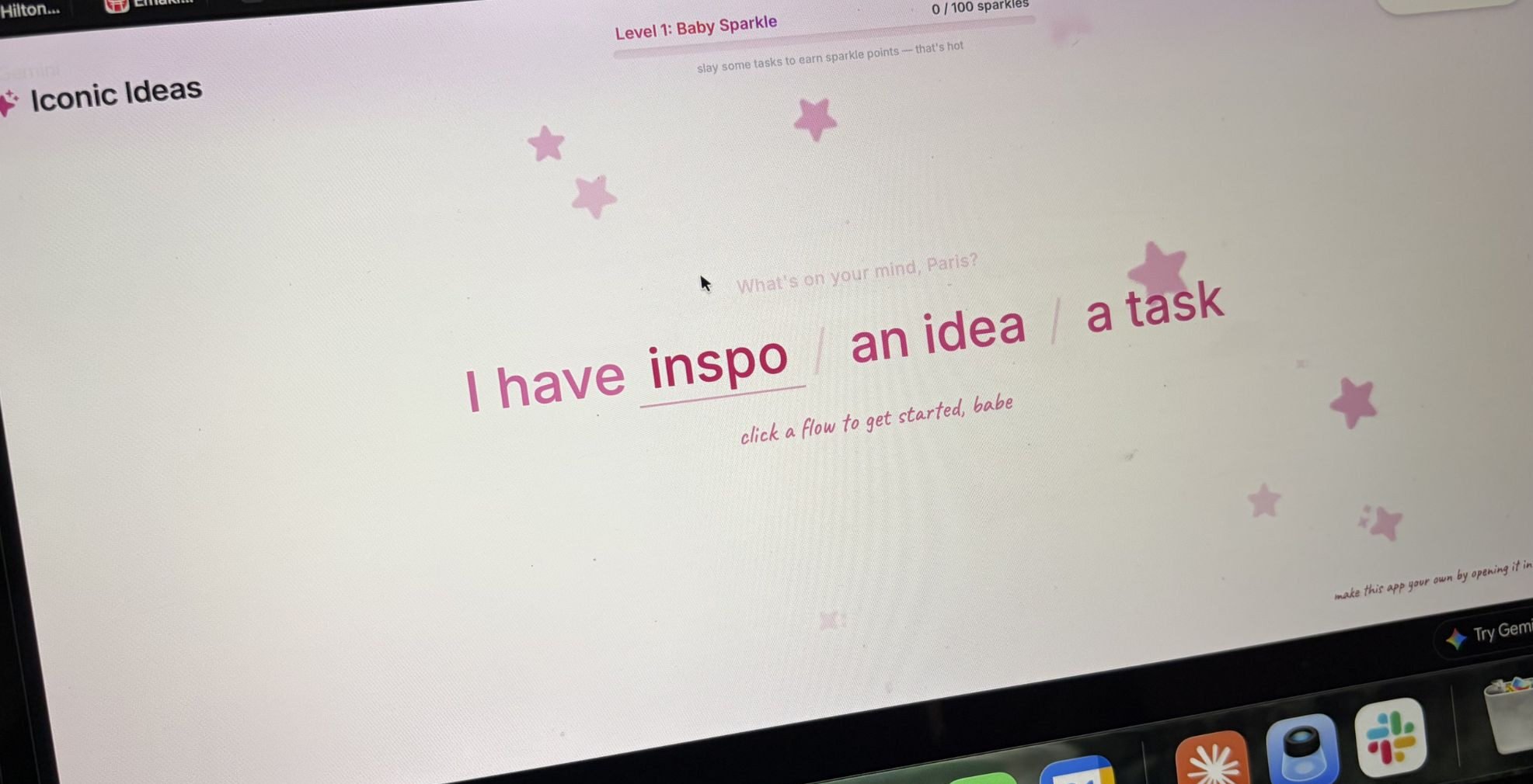 Paris Hilton Iconic Ideas productivity app built with Gemini Canvas displayed on a MacBook
