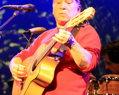 Paul Simon performing on stage with acoustic guitar at a live concert