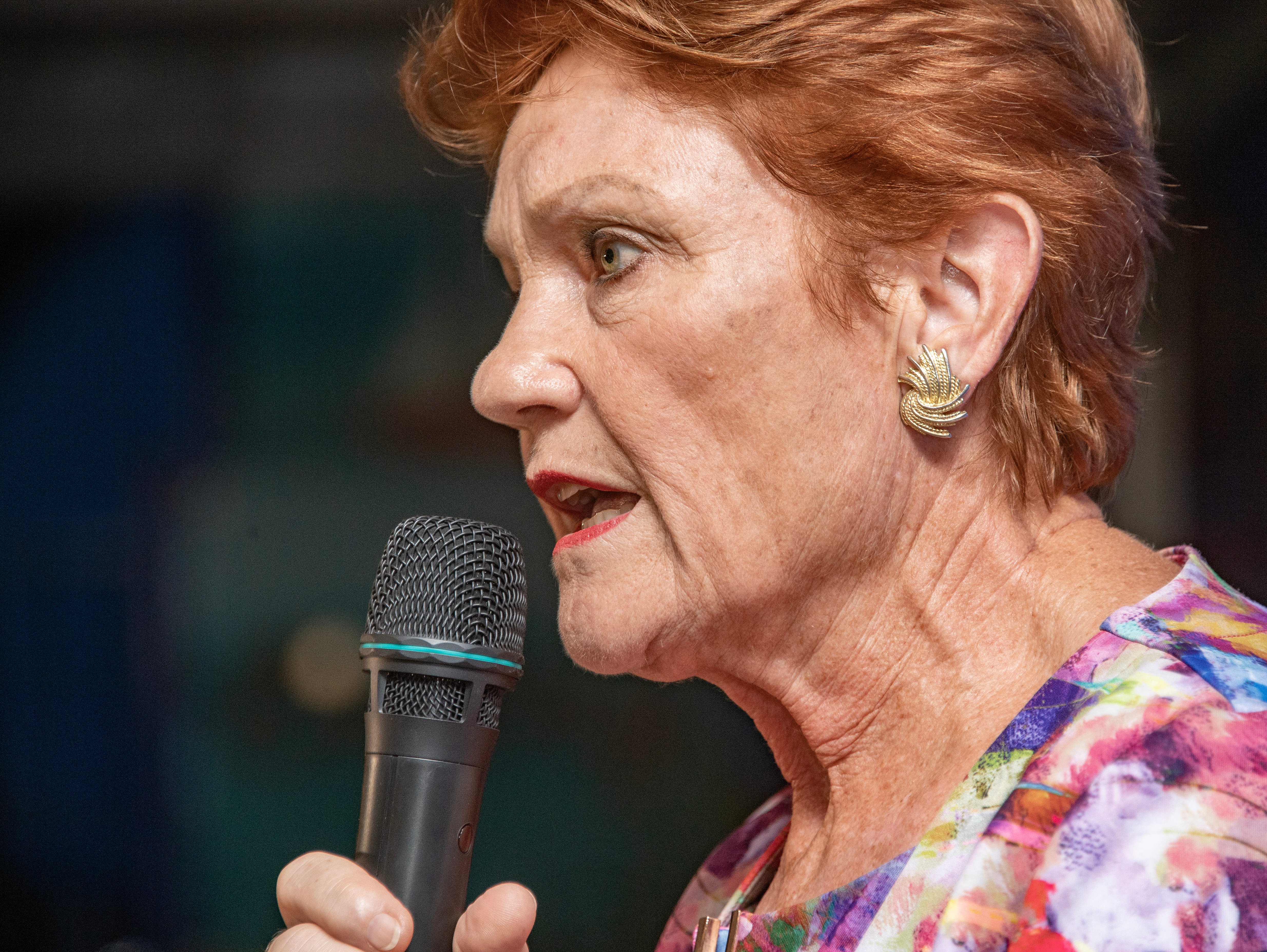 One Nation leader Pauline Hanson speaks into a microphone at a party campaign launch