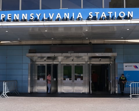 The southwest entrance to New York Penn Station beneath Madison Square Garden, the station set for an 8 billion dollar rebuild