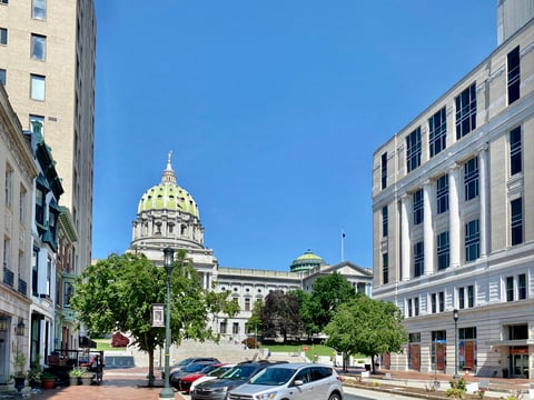 The Pennsylvania State Capitol building viewed from State Street in Harrisburg, Pennsylvania