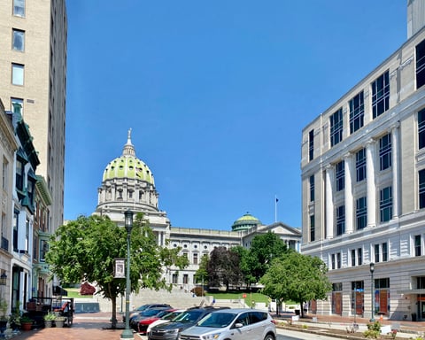 The Pennsylvania State Capitol building viewed from State Street in Harrisburg, Pennsylvania