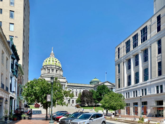 The Pennsylvania State Capitol building viewed from State Street in Harrisburg, Pennsylvania