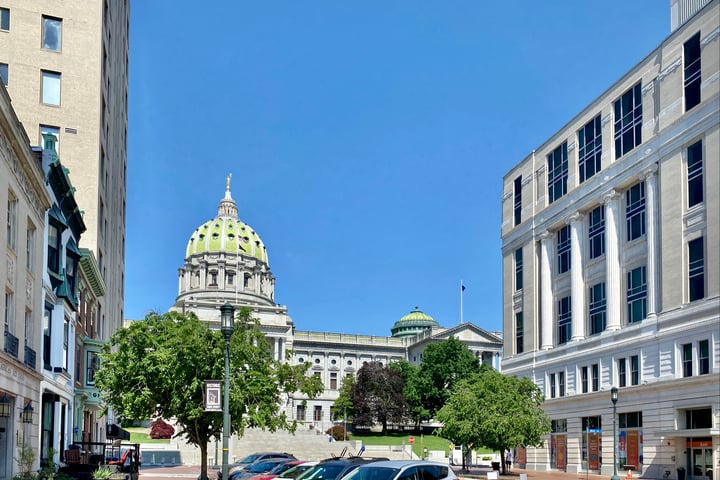 The Pennsylvania State Capitol building viewed from State Street in Harrisburg, Pennsylvania