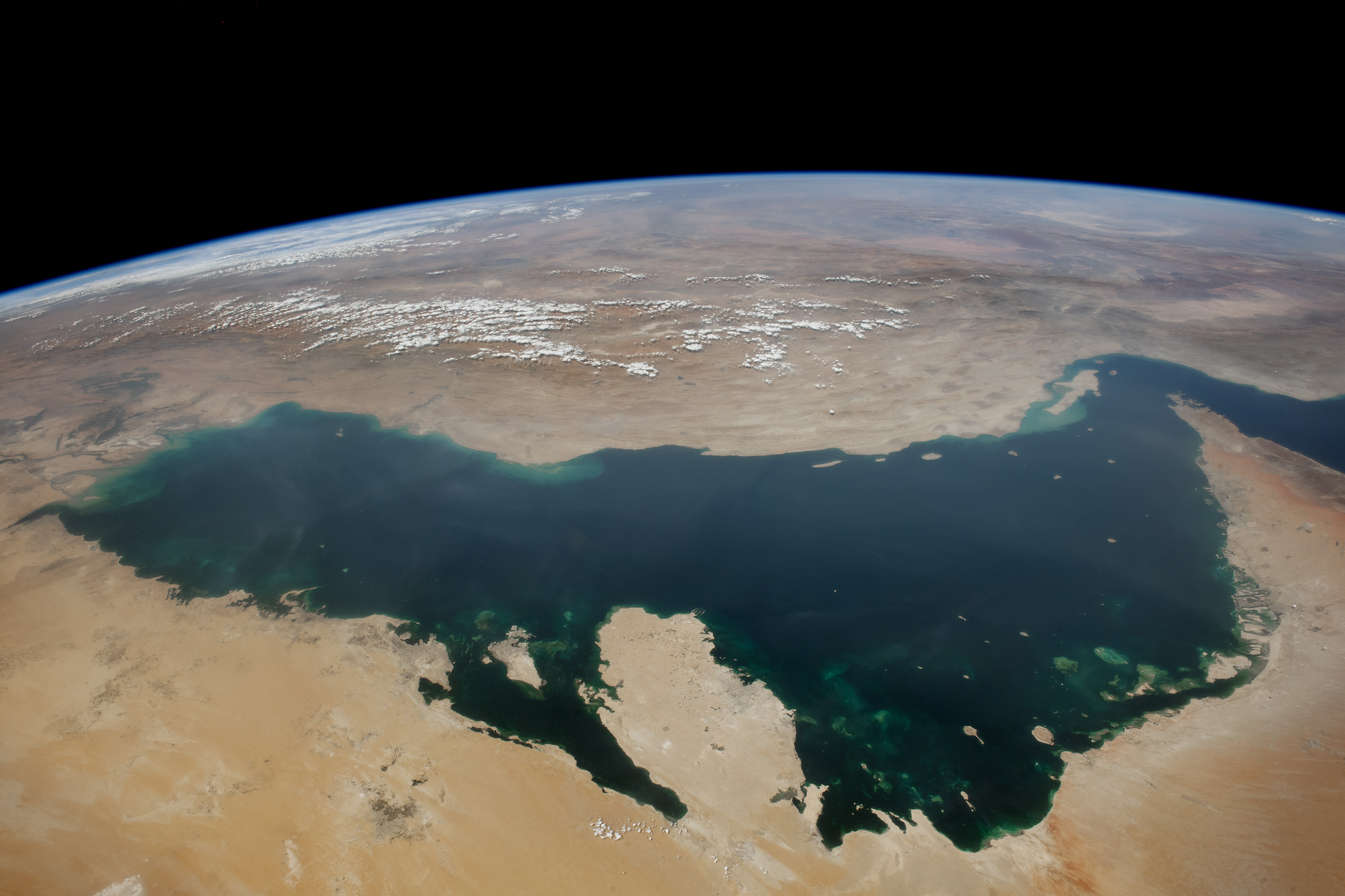 NASA astronaut photograph from ISS of Persian Gulf with Strait of Hormuz showing Iran Iraq Kuwait Saudi Arabia Bahrain Qatar UAE Oman September 2023