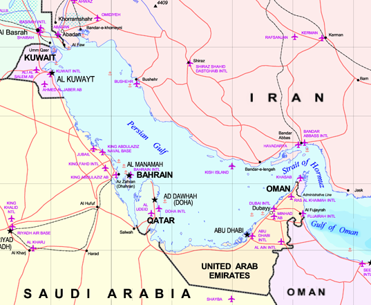 Persian Gulf and Strait of Hormuz map Map of the Persian Gulf and the Strait of Hormuz, the waterway at the center of US-Iran diplomacy