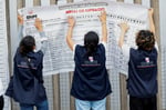 Electoral workers at a polling station in Lima during Peru's 2026 presidential runoff between Keiko Fujimori and Roberto Sanchez