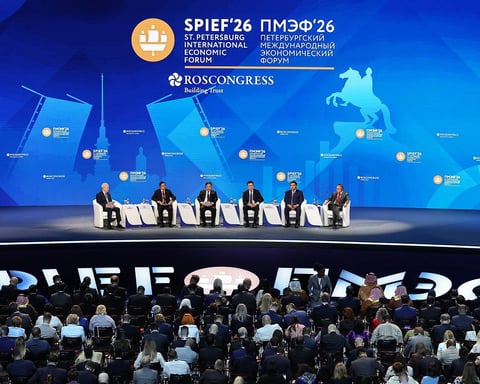 Kremlin spokesman Dmitry Peskov speaks to reporters at the St. Petersburg International Economic Forum SPIEF 2026