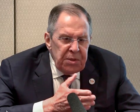 Russian Foreign Minister Sergey Lavrov during a press conference amid controversy over Politico Europe's refusal to publish his article