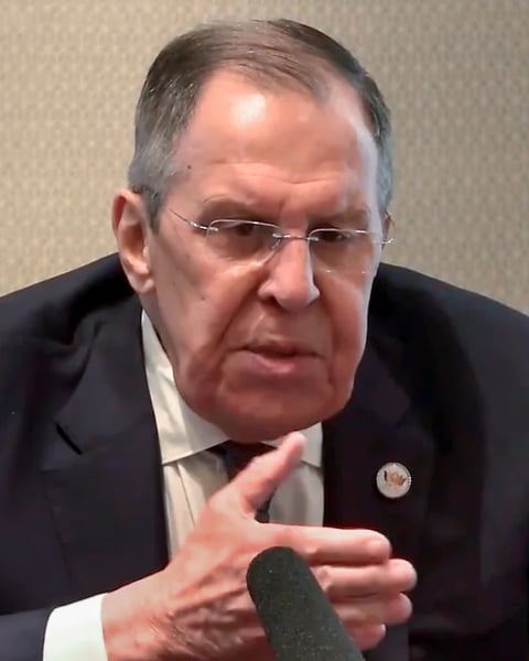 Russian Foreign Minister Sergey Lavrov during a press conference amid controversy over Politico Europe's refusal to publish his article