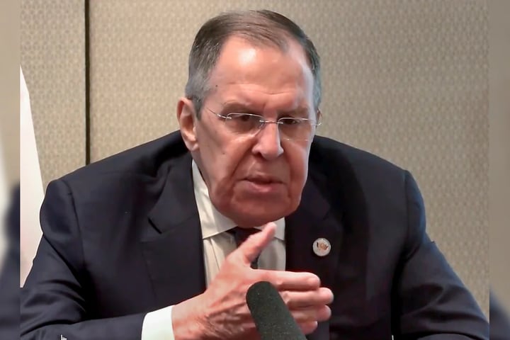 Russian Foreign Minister Sergey Lavrov during a press conference amid controversy over Politico Europe's refusal to publish his article