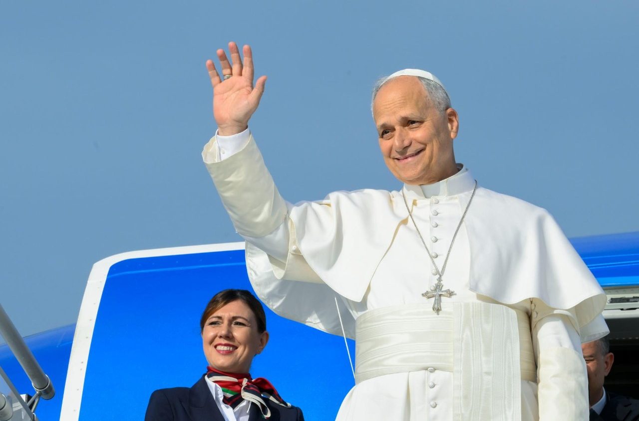Pope Leo XIV waves as he boards the ITA Airways flight from Rome to Madrid to begin his apostolic journey to Spain on June 6 2026