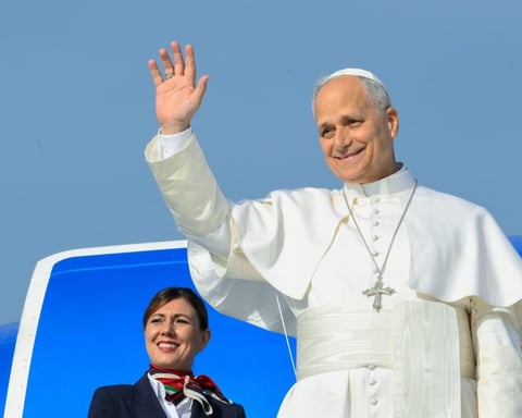 Pope Leo XIV waves as he boards the ITA Airways flight from Rome to Madrid to begin his apostolic journey to Spain on June 6 2026