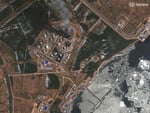 Satellite image showing smoke rising from oil storage tanks at Primorsk port, Leningrad region, after Ukrainian drone attack
