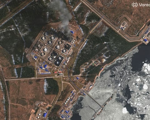 Satellite image showing smoke rising from oil storage tanks at Primorsk port, Leningrad region, after Ukrainian drone attack