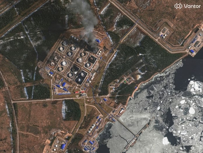 Satellite image showing smoke rising from oil storage tanks at Primorsk port, Leningrad region, after Ukrainian drone attack